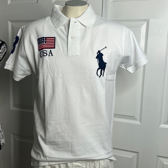 Polo Ralph Lauren White Blue USA Large Horse Custom Fit Polo L - Picture 1 of 6